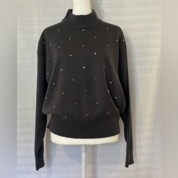 Rena Rowan Sweaters - Women's Grey Studded Wool Blend Mock Neck Soft Knit Sweater Large Goth Mobwife